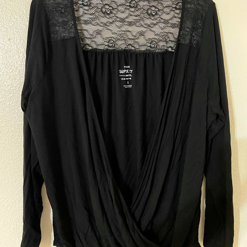 Super Soft & Lace Black Surplice Top